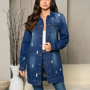 NEW! Awesome Denim Button Up Distressed Long Sleeve Denim Jacket Mini Dress Rip